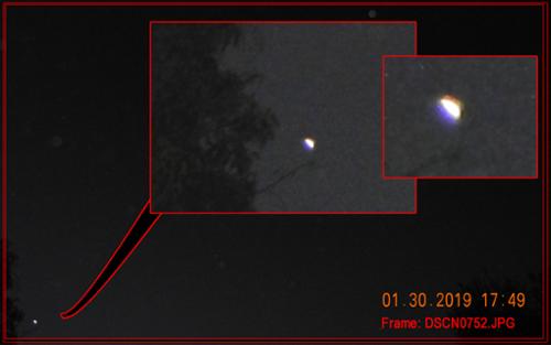 This triangular craft was spotted on photographed on Jan. 30, 2019, and moved in split-second bursts across the sky. It is just one of a variety of craft that have been seen after the initial "McDiner UFO Event" of 2017 in Monrovia, CA.  

(c)2019MarianRudnyk
