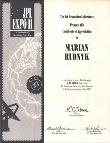 In celebration of the International Space Year, JPL-NASA held an EXPO, now dubbed EXPO-ll, which I once again helped run, on top of my many other duties. My exemplary efforts once more earned me recognition & this nice "Certificate of Appreciation".

(c)1992/2021MarianRudnyk 