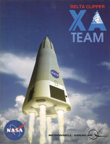 Official NASA-McDonnell Douglas promotional photo showing the Delta Clipper-XA in flight. In 1996 DC-XA became the first spacecraft to successfully  demonstrate SSTO (single-stage-to-orbit) technology (long before SpaceX) & to move up, down,hover & return - & then fly again within 24 hours.