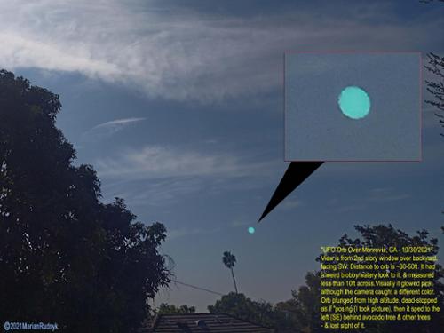 View is from 2nd story window over backyard, facing SW. Distance to orb is ~30-50ft. It had a weird blobby/watery look to it, & measured less than 10ft across.Visually it glowed pink,  although the camera caught a different color.